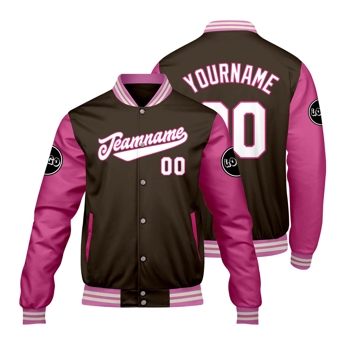 Chaquetas universitarias personalizadas en color marrón y rosa para hombres & mujeres y jóvenes & Chaquetas estilo Letterman personalizadas