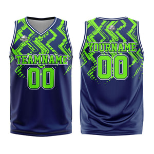 Uniforme de baloncesto personalizado azul marino verde neón con tu logotipo-nombre y número impresos