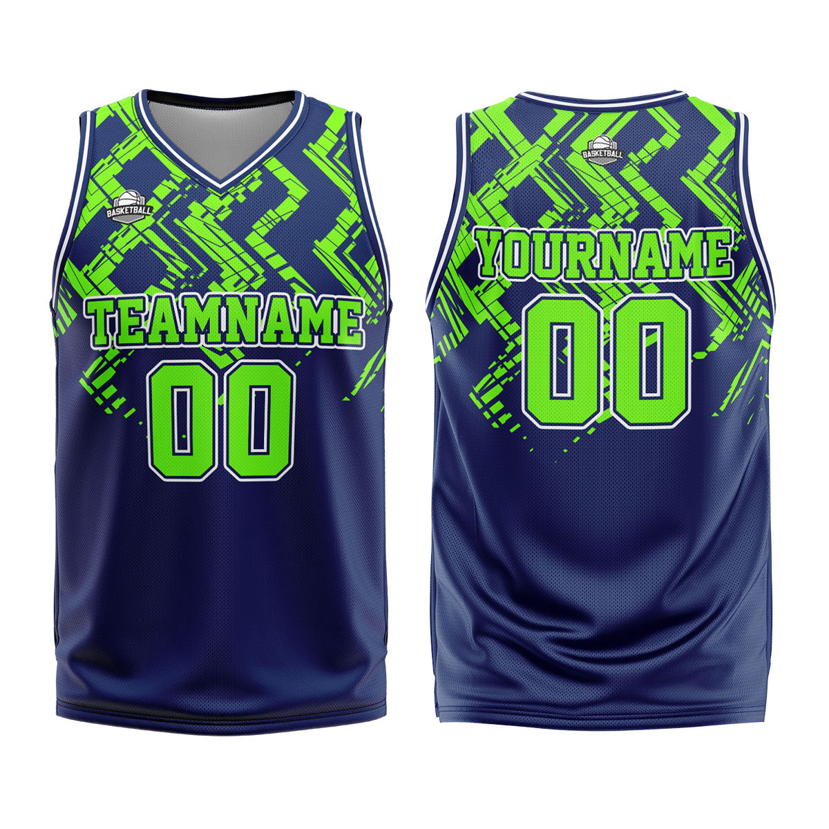 Uniforme de baloncesto personalizado azul marino verde neón con tu logotipo-nombre y número impresos