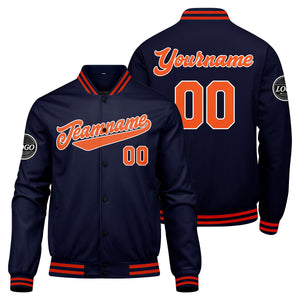 Chaqueta universitaria personalizada estilo Letterman para hombres-mujeres y jóvenes-color azul marino y naranja