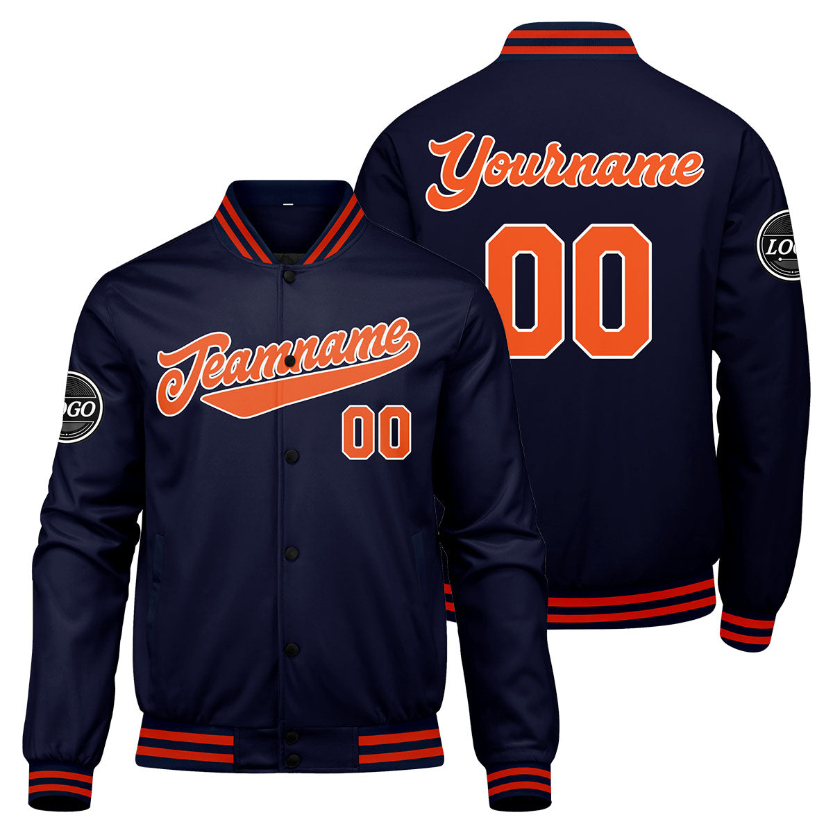 Chaqueta universitaria personalizada estilo Letterman para hombres-mujeres y jóvenes-color azul marino y naranja
