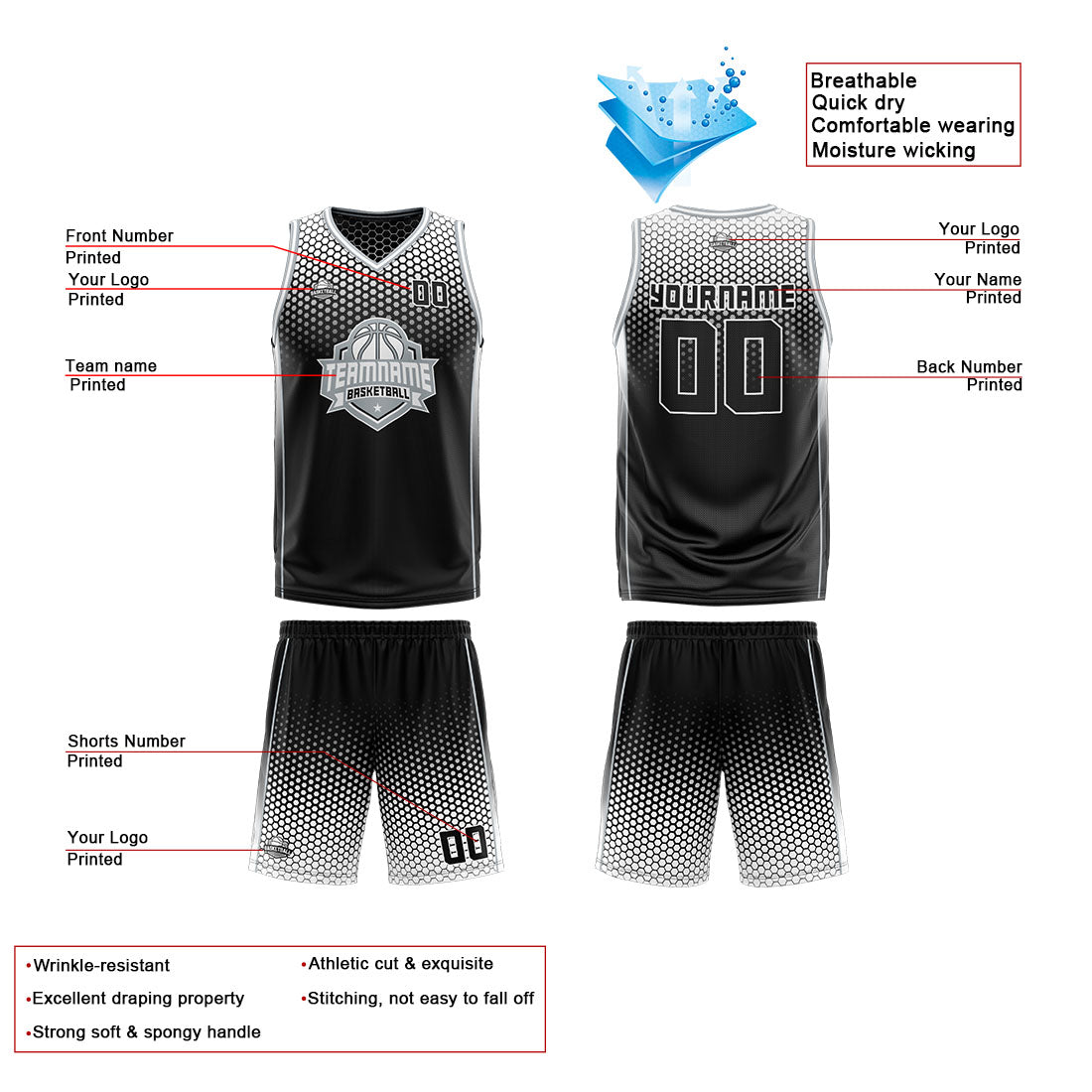 Traje de baloncesto reversible personalizado en negro-blanco y gris para adultos y niños