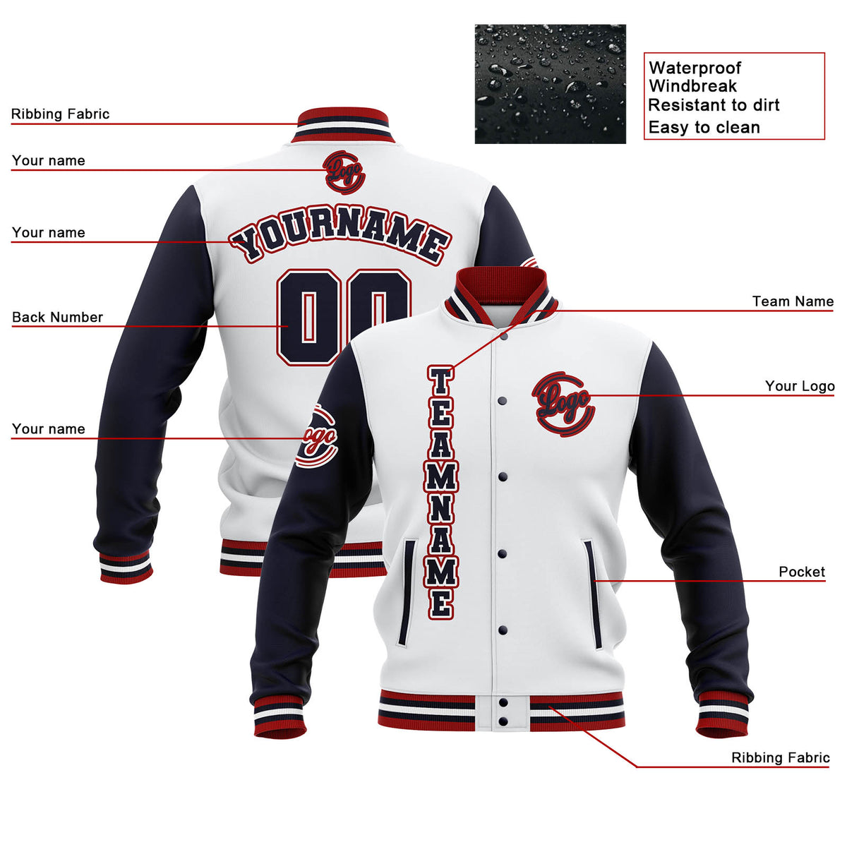 Chaquetas universitarias impermeables personalizadas en blanco-azul marino y rojo con nombre-número y logotipo bordados a medida