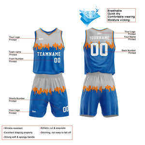Uniforme de baloncesto personalizado en gris y azul con tu logotipo-nombre y número impresos
