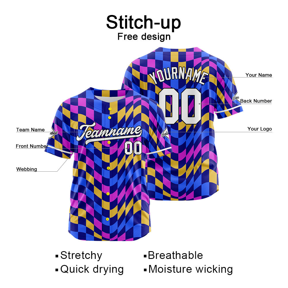 Dise?o personalizado de camiseta de béisbol con estampado completo en morado azul y amarillo