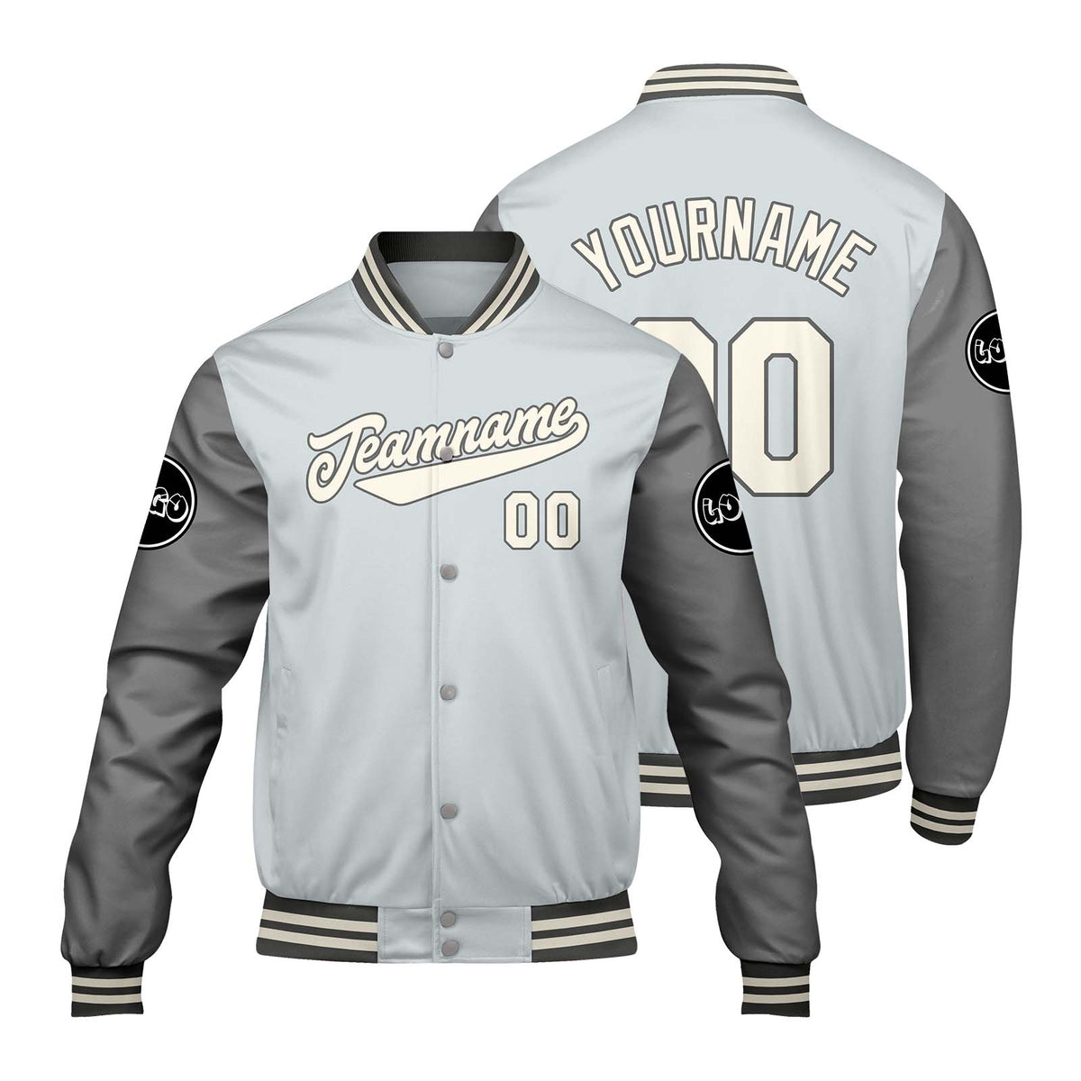 Chaquetas universitarias grises personalizadas para hombres & mujeres y jóvenes & Chaquetas Letterman personalizadas