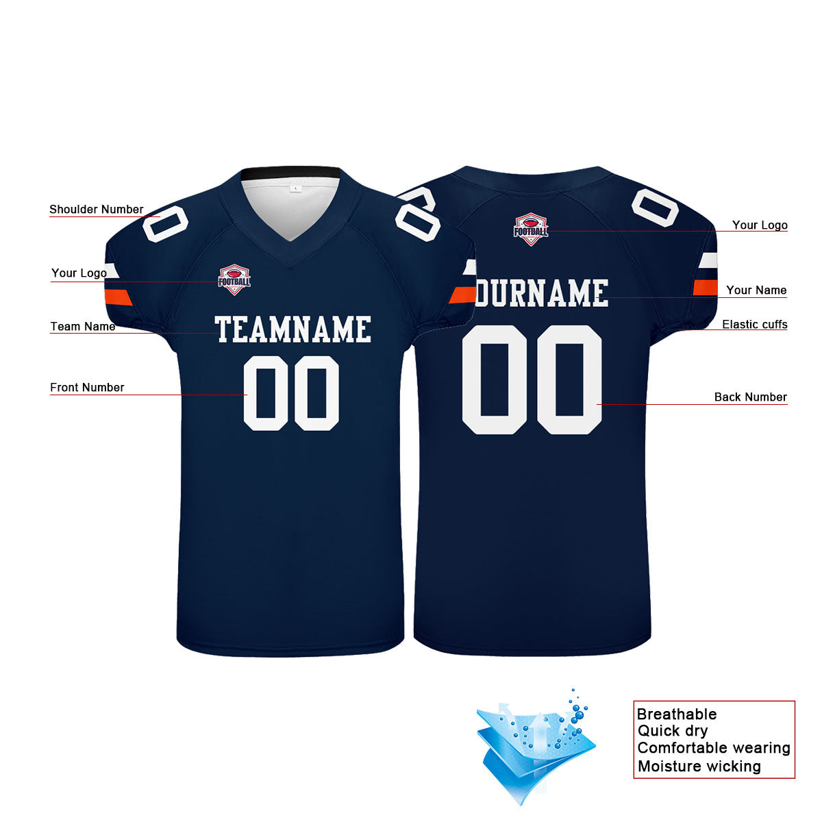 Camiseta de fútbol personalizada con nombre y número del equipo impresos-color azul marino