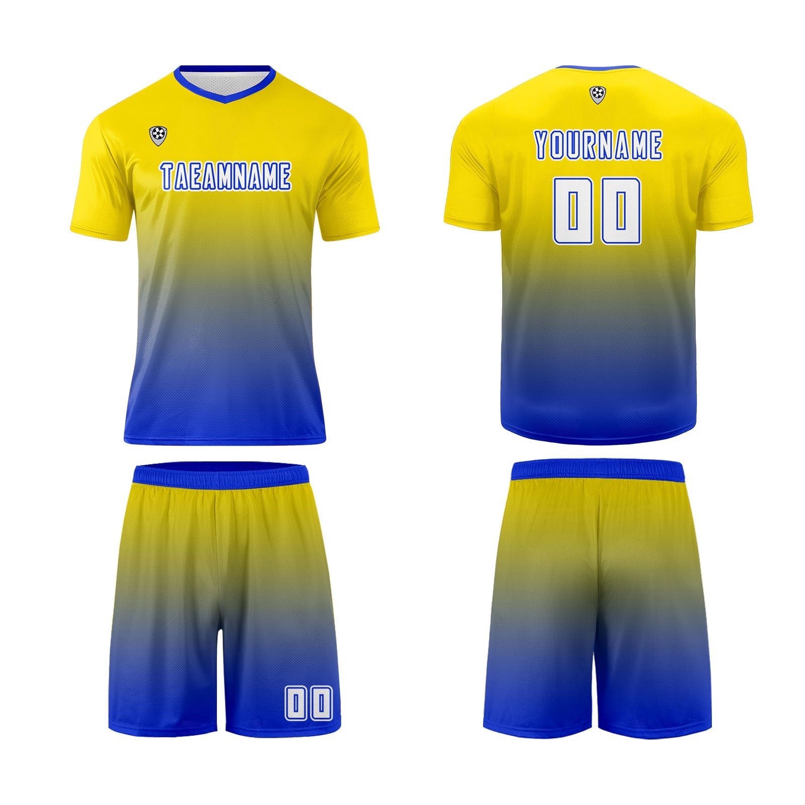 Conjunto personalizado de camiseta y uniforme amarillo y azul para niños y adultos