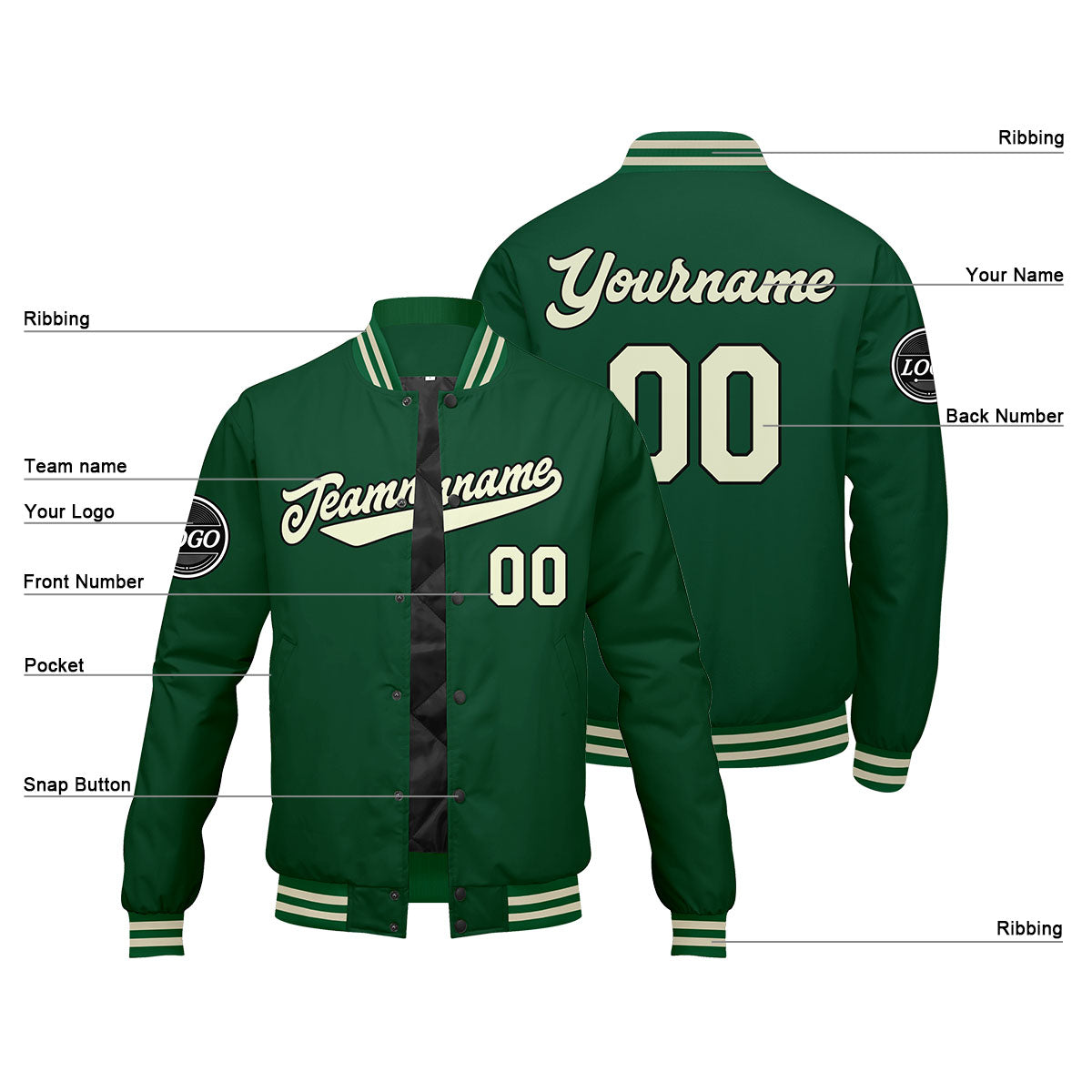Chaqueta universitaria personalizada estilo Letterman para hombres-mujeres y jóvenes-color verde crema