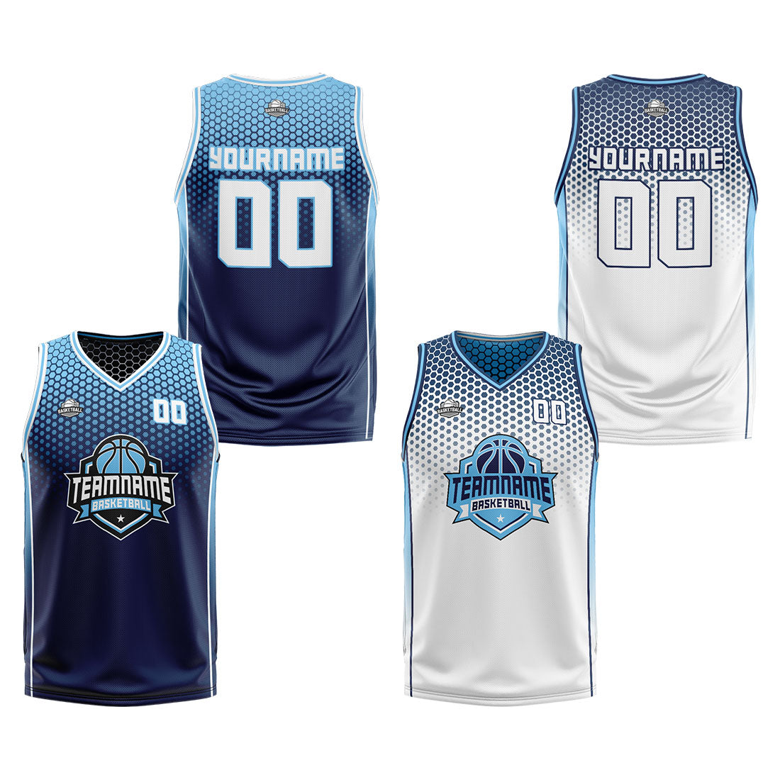 Traje de baloncesto reversible azul marino y blanco personalizado para adultos y niños