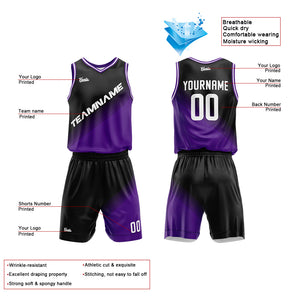 Uniforme de baloncesto personalizado en negro y morado con tu logotipo-nombre y número impresos