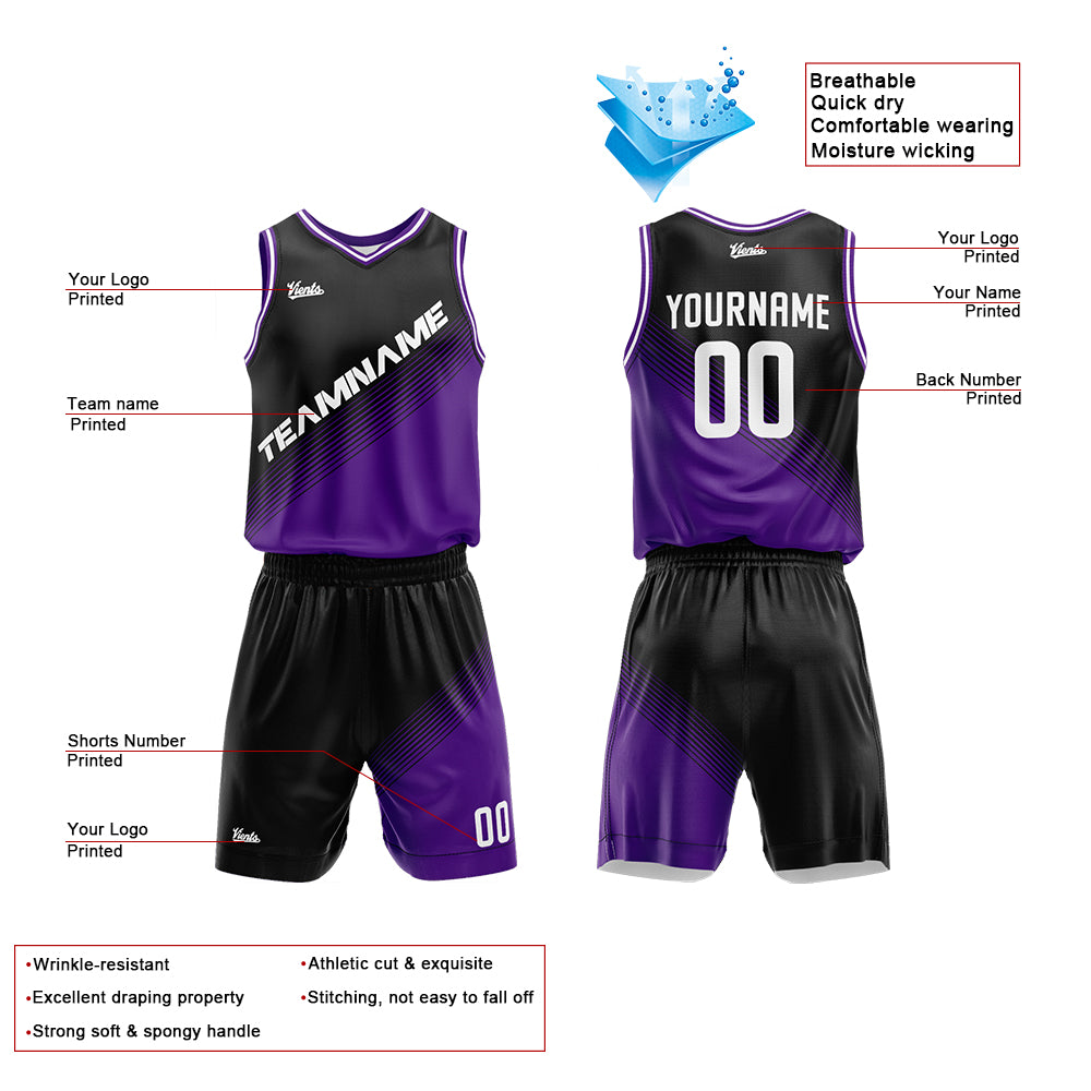 Uniforme de baloncesto personalizado en negro y morado con tu logotipo-nombre y número impresos
