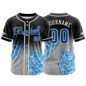 Camiseta de béisbol personalizada negra y azul con botones para hombre mujer adulto y joven Estampado de nombre número y logotipo