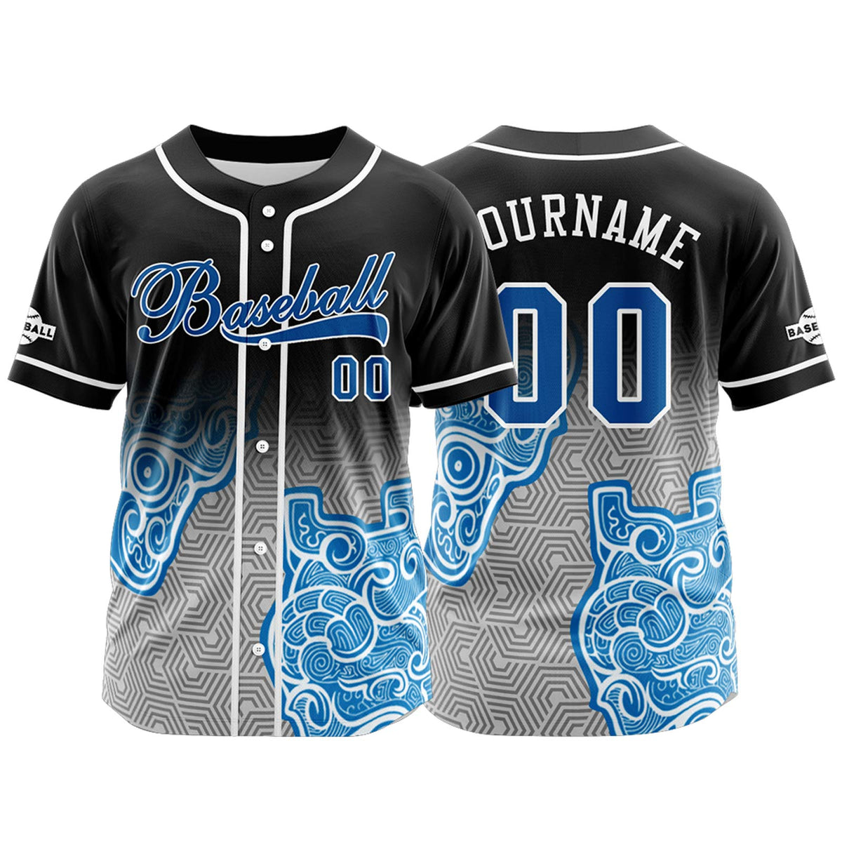 Camiseta de béisbol personalizada negra y azul con botones para hombre mujer adulto y joven Estampado de nombre número y logotipo