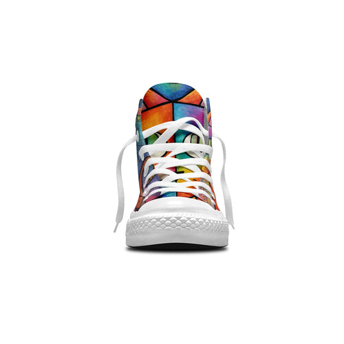Abstract Purrfection: Zapatillas de lona de media caña para hombre y mujer: realza tu estilo con estas zapatillas de lona de caña media que presentan la elegante y divertida estética de los diseños de gatos