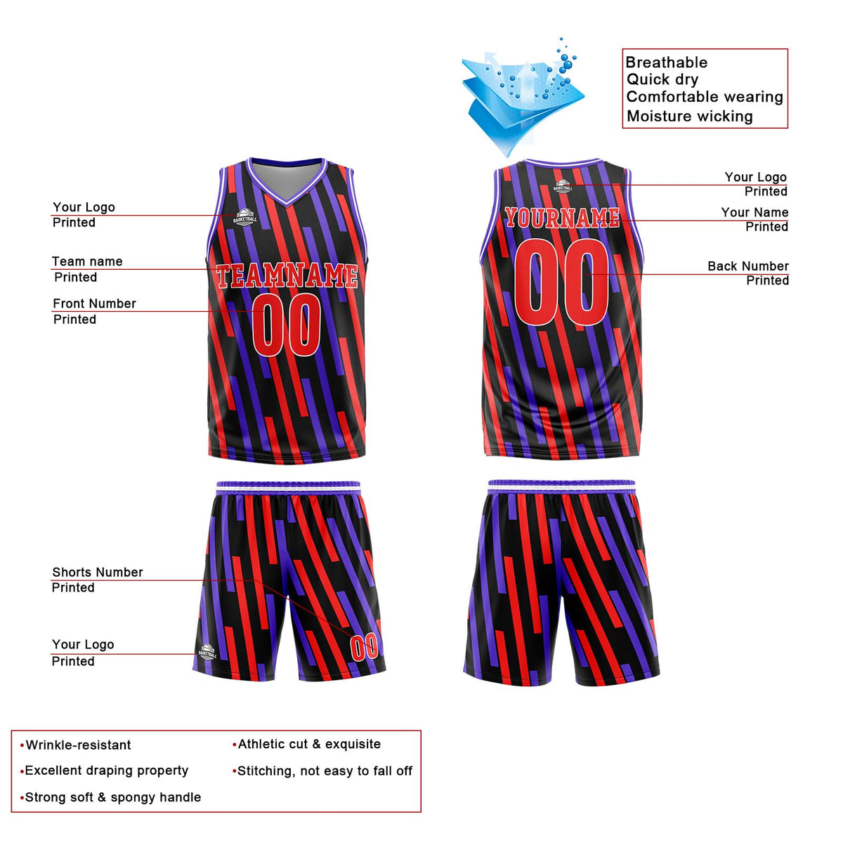 Camiseta de baloncesto personalizada con barra vertical roja y morada-uniforme impreso con su logotipo-nombre y número