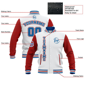 Chaquetas universitarias impermeables personalizadas en blanco-rojo y azul con nombre-número y logotipo bordados