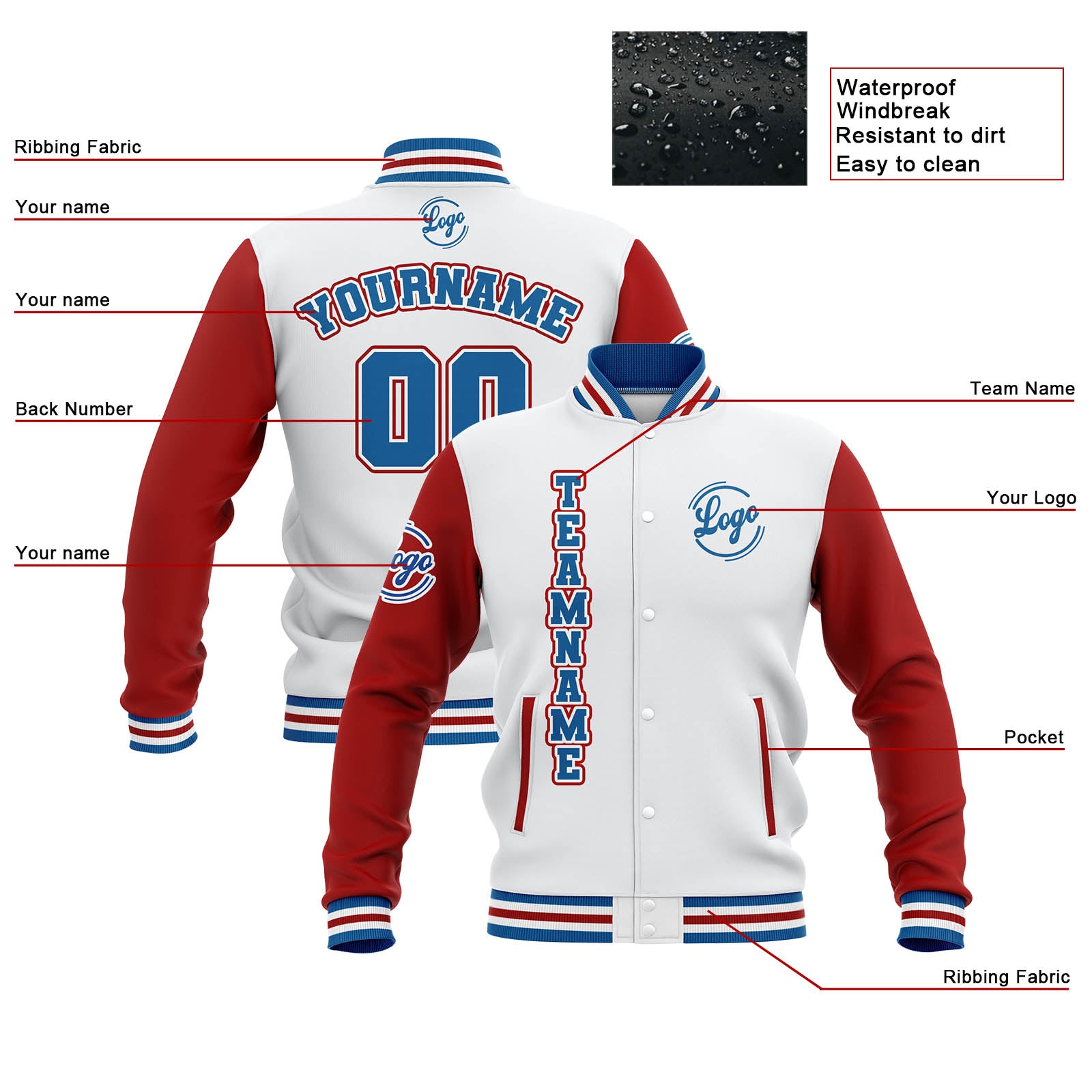 Chaquetas universitarias impermeables personalizadas en blanco-rojo y azul con nombre-número y logotipo bordados