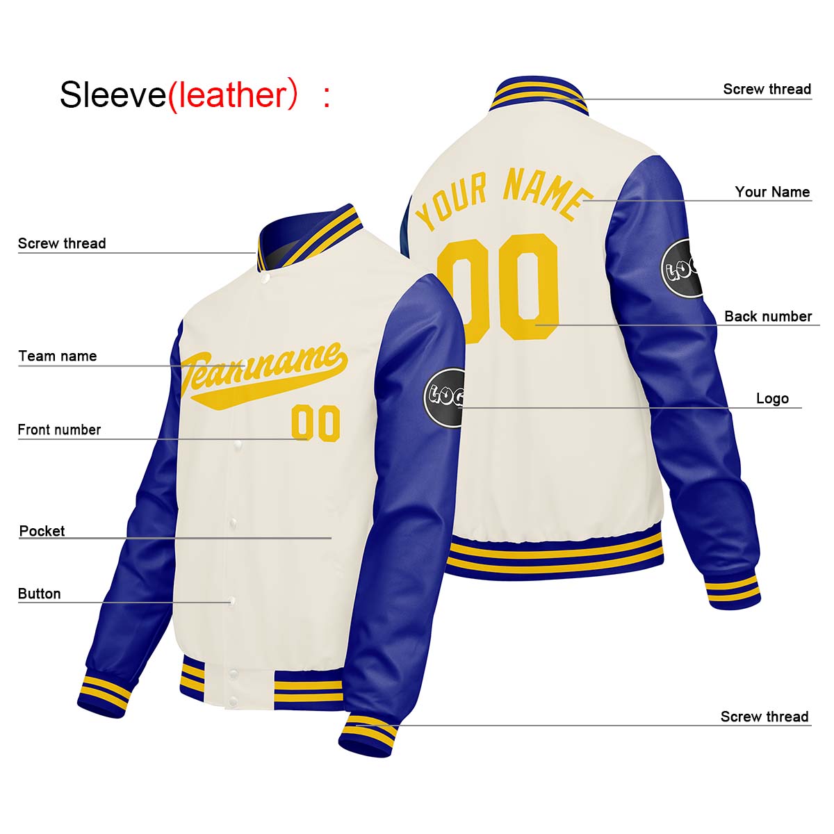Chaquetas universitarias personalizadas en color crema & blanco y azul para hombres & mujeres y jóvenes & Chaquetas Letterman personalizadas