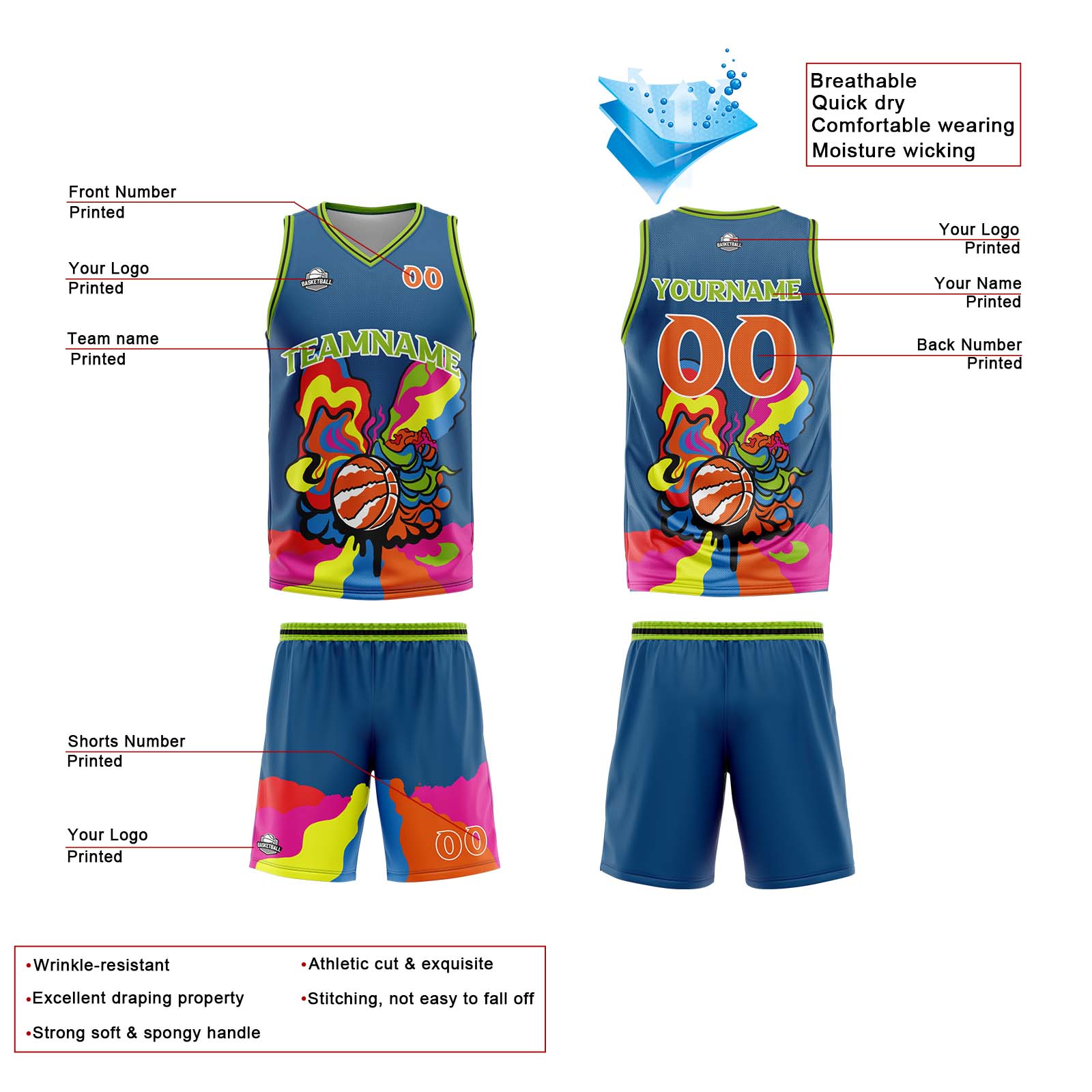 Uniforme de baloncesto azul personalizado con tu logotipo-nombre y número impresos