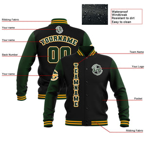 Chaquetas universitarias impermeables personalizadas en negro-verde oscuro y amarillo con nombre-número y logotipo bordados a medida