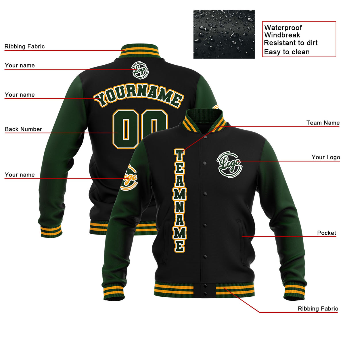 Chaquetas universitarias impermeables personalizadas en negro-verde oscuro y amarillo con nombre-número y logotipo bordados a medida