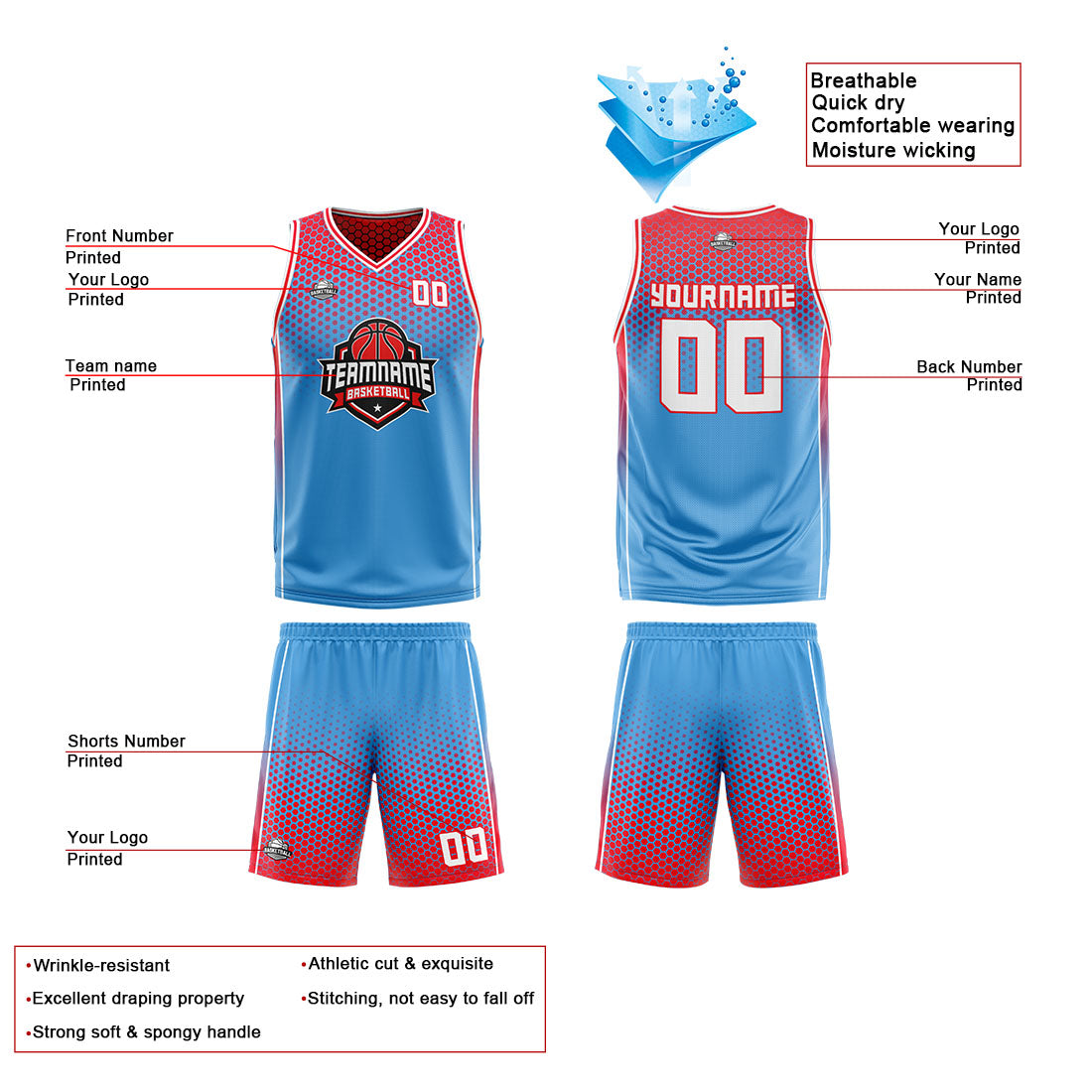 Traje de baloncesto reversible azul marino y rojo personalizado para adultos y niños
