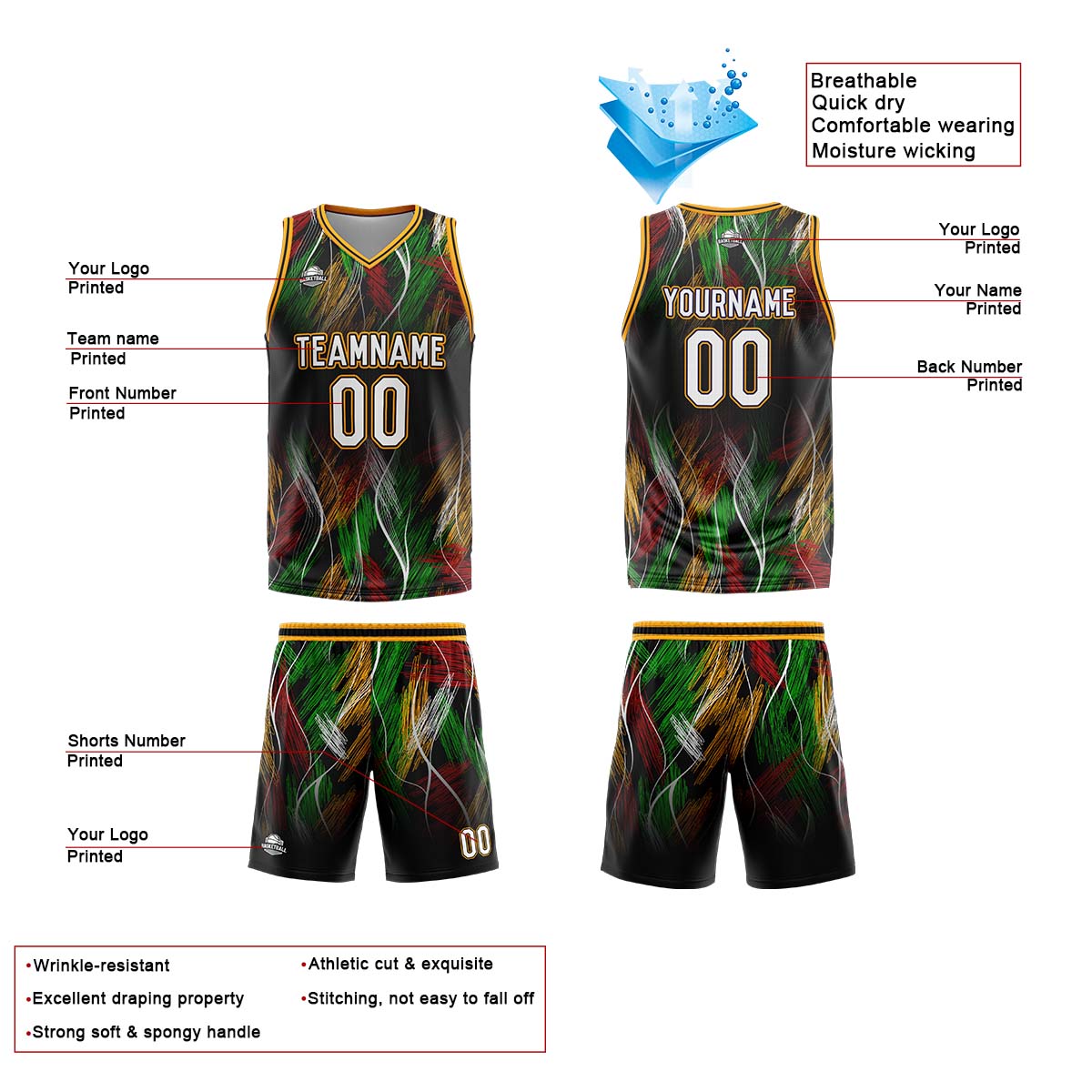 Uniforme de baloncesto personalizado negro y naranja con tu logotipo-nombre y número impresos