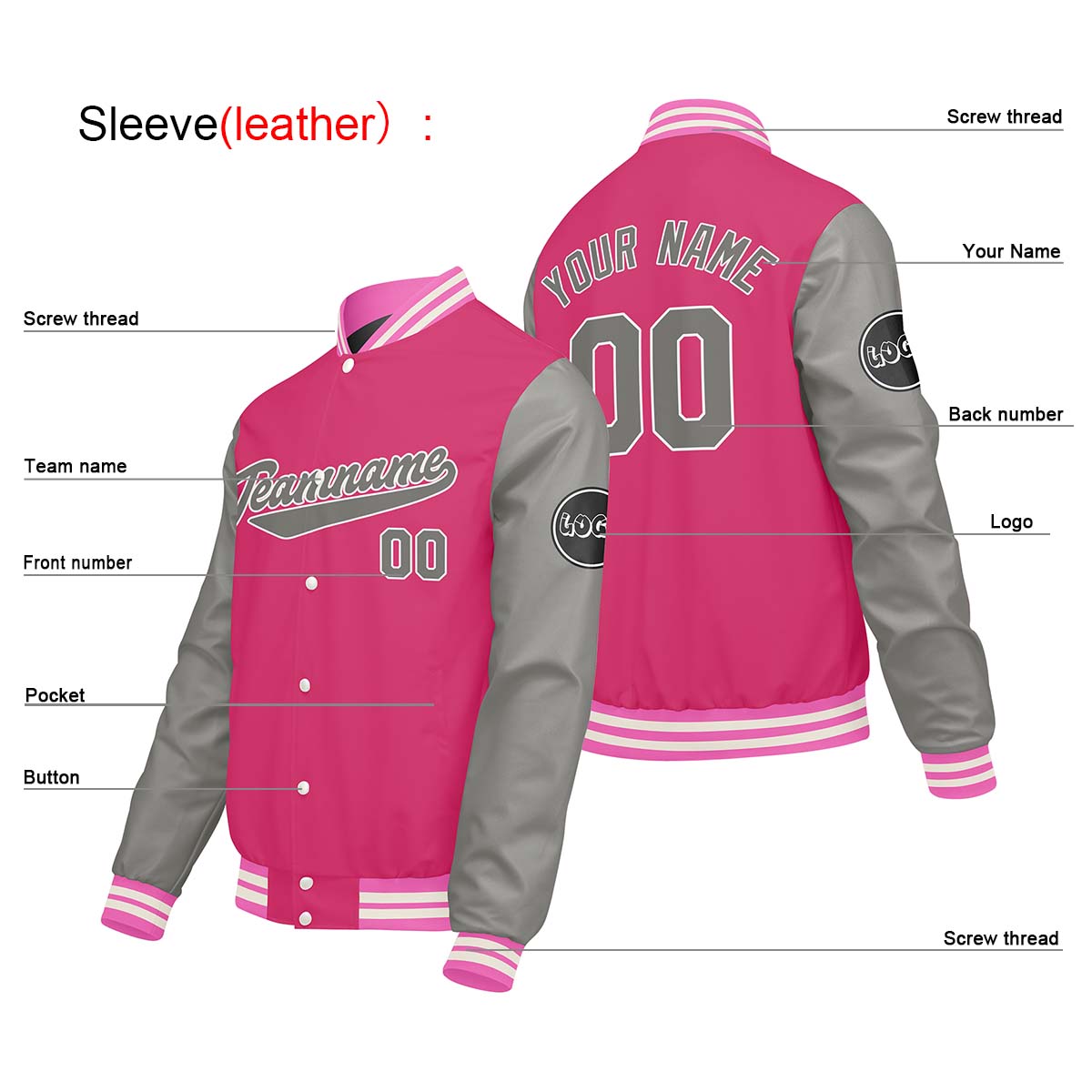 Chaquetas universitarias personalizadas en gris claro y rosa para hombres & mujeres y jóvenes & Chaquetas Letterman personalizadas