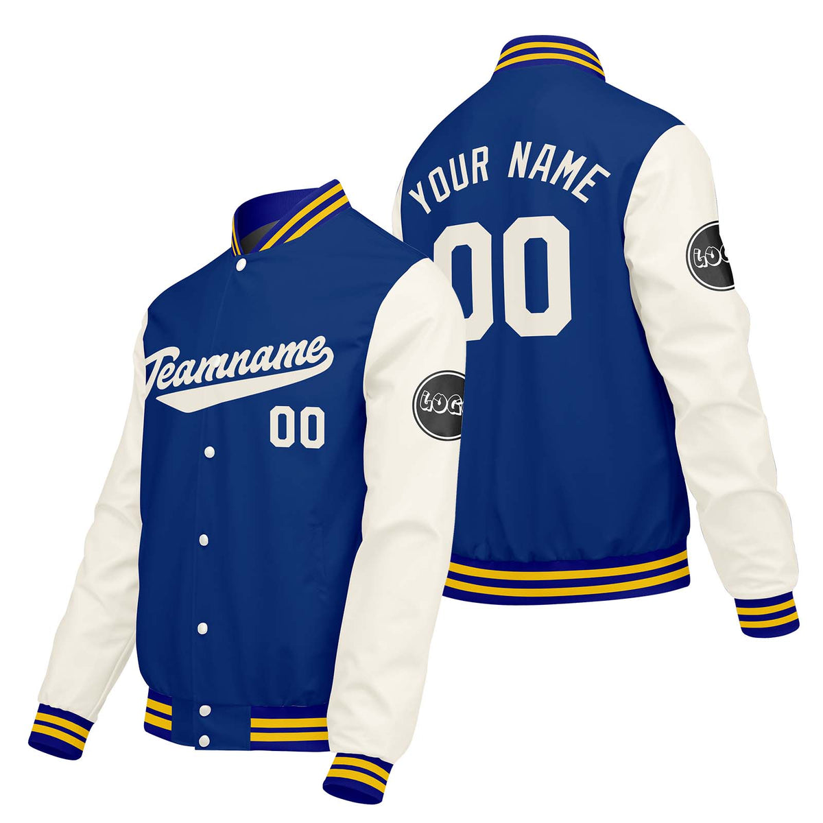 Chaquetas universitarias personalizadas en azul crema y blanco para hombres & mujeres y jóvenes & Chaquetas Letterman personalizadas