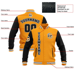 Chaquetas universitarias impermeables personalizadas en negro-amarillo y gris con nombre-número y logotipo bordados