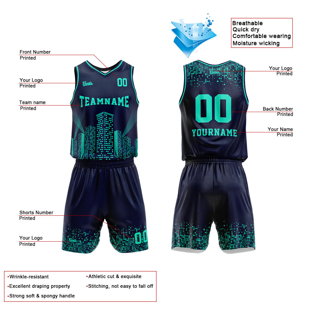 Uniforme de baloncesto personalizado azul marino con vista nocturna-impreso con su logotipo-nombre y número
