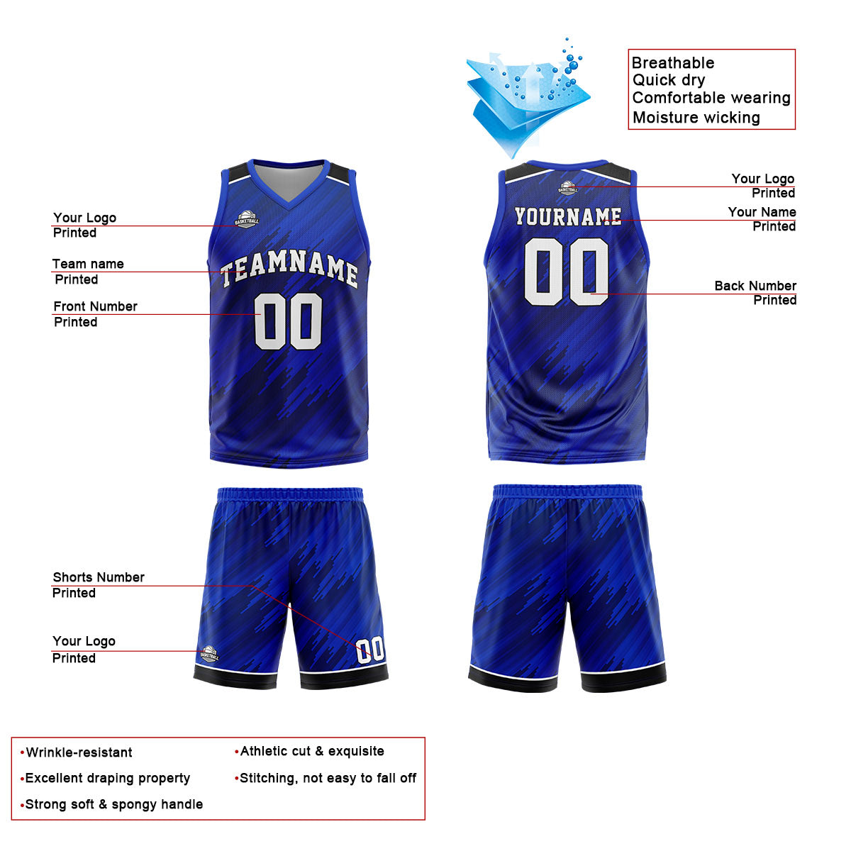 Uniforme de baloncesto azul marino personalizado con su logotipo-nombre y número impresos