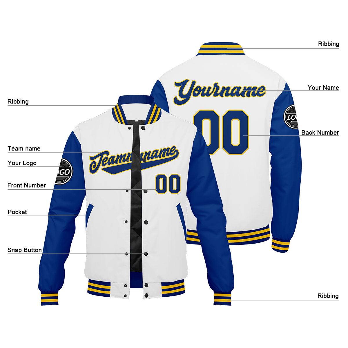 Chaqueta universitaria personalizada estilo Letterman para hombres-mujeres y jóvenes-color azul rey y amarillo