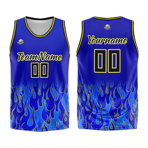 Uniforme de baloncesto personalizado Royal Flame con tu logotipo-nombre y número impresos