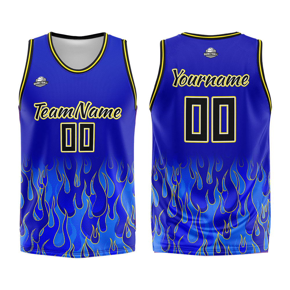 Uniforme de baloncesto personalizado Royal Flame con tu logotipo-nombre y número impresos