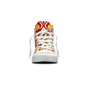 Recorre las calles con un estilo inigualable gracias a nuestras zapatillas de lona de corte medio-que presentan intrincados diseños de inspiración marroquí en una vibrante paleta de rojos-amarillos y verdes