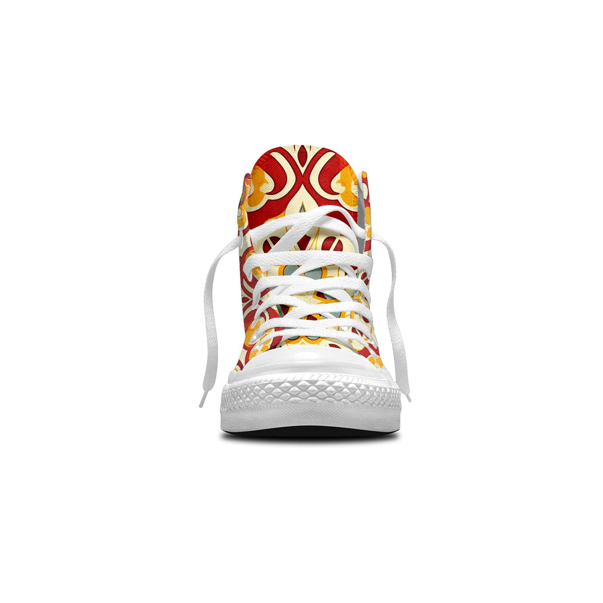 Recorre las calles con un estilo inigualable gracias a nuestras zapatillas de lona de corte medio-que presentan intrincados diseños de inspiración marroquí en una vibrante paleta de rojos-amarillos y verdes