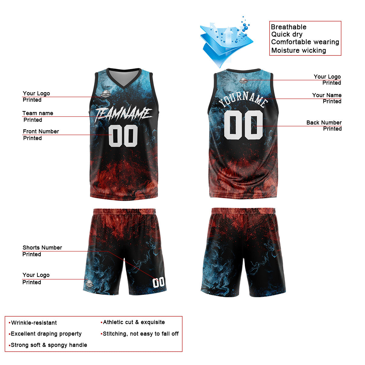 Uniforme de baloncesto personalizado de Water and Fire con tu logotipo-nombre y número impresos