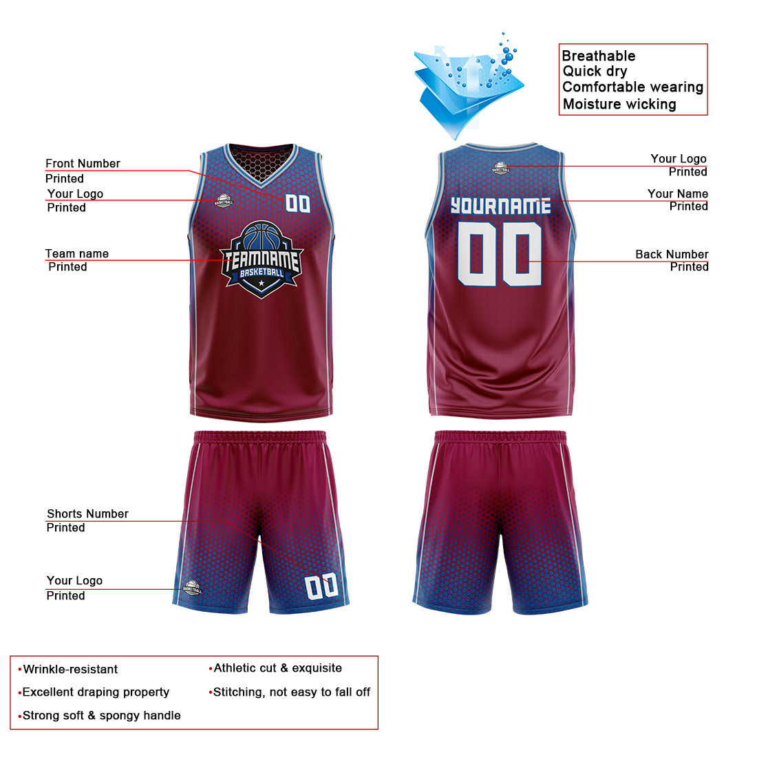 Traje de baloncesto reversible personalizado rojo-blanco y azul para adultos y niños