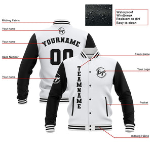 Chaquetas universitarias impermeables blancas y negras personalizadas con nombre-número y logotipo bordados a medida