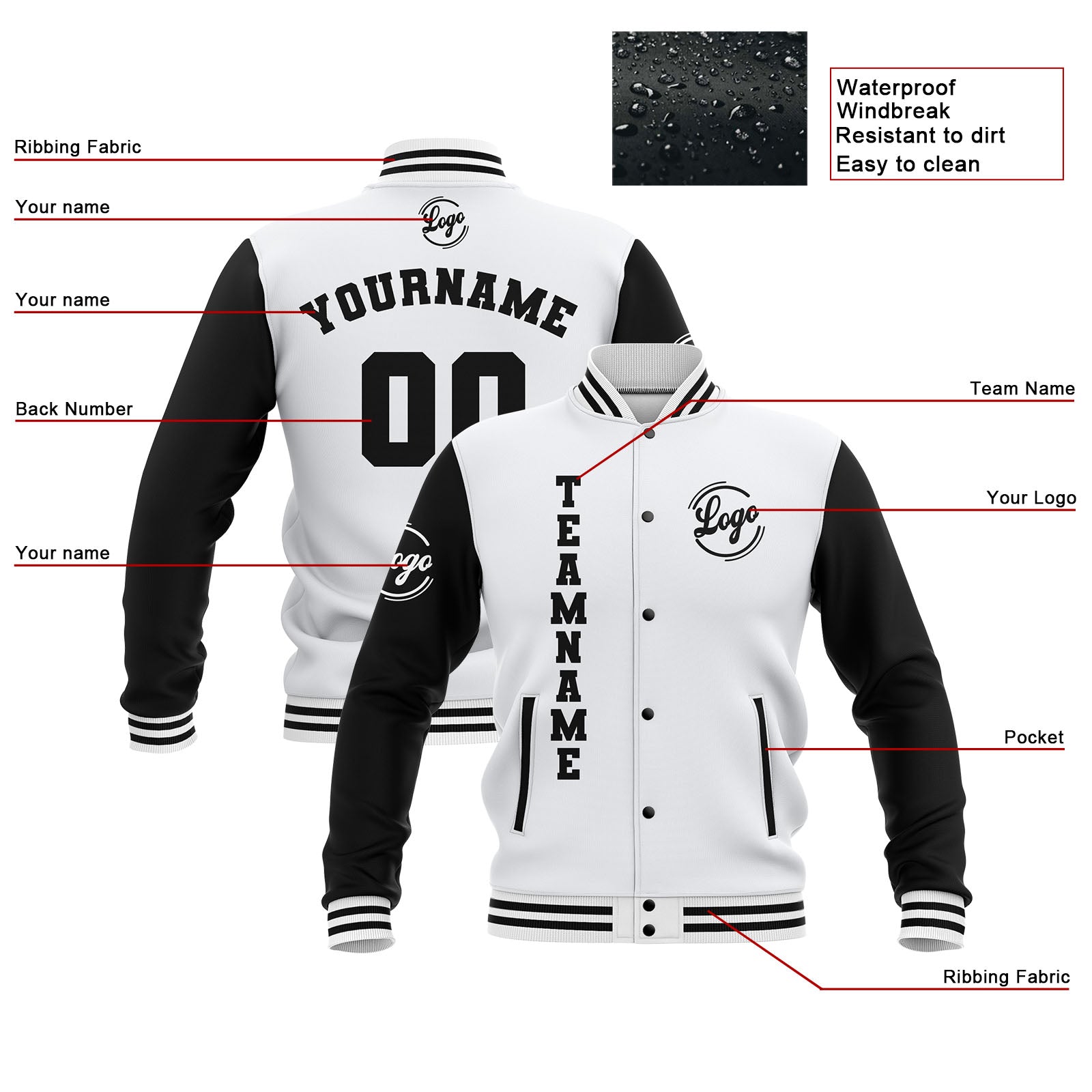 Chaquetas universitarias impermeables blancas y negras personalizadas con nombre-número y logotipo bordados a medida