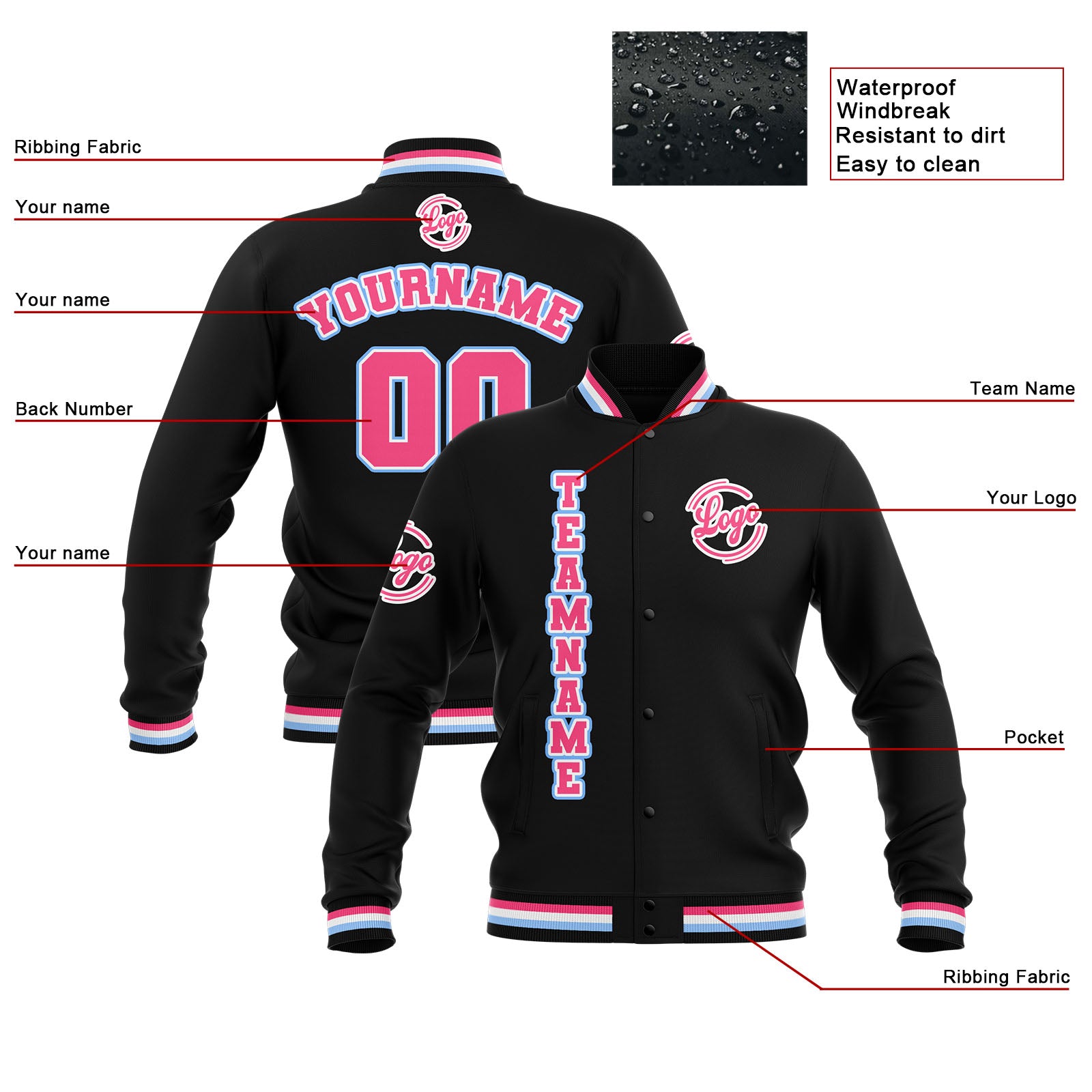 Chaquetas universitarias impermeables personalizadas en negro-rosa y azul claro con nombre-número y logotipo bordados