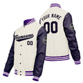Chaquetas universitarias personalizadas color crema & blanco y morado para hombres & mujeres y jóvenes & Chaquetas Letterman personalizadas