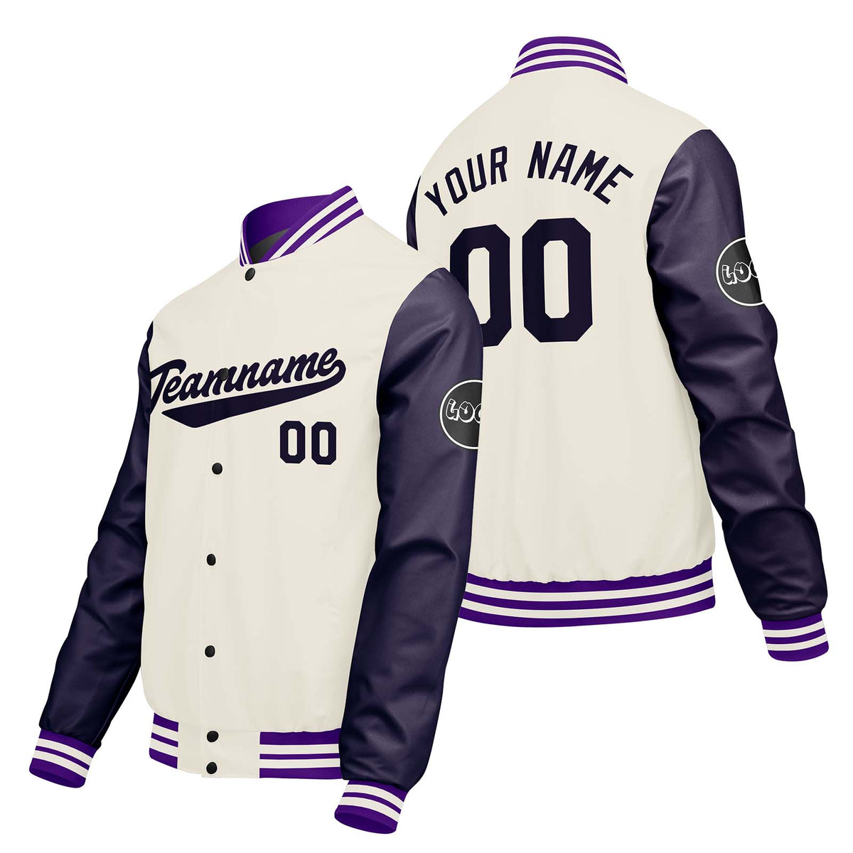 Chaquetas universitarias personalizadas color crema & blanco y morado para hombres & mujeres y jóvenes & Chaquetas Letterman personalizadas