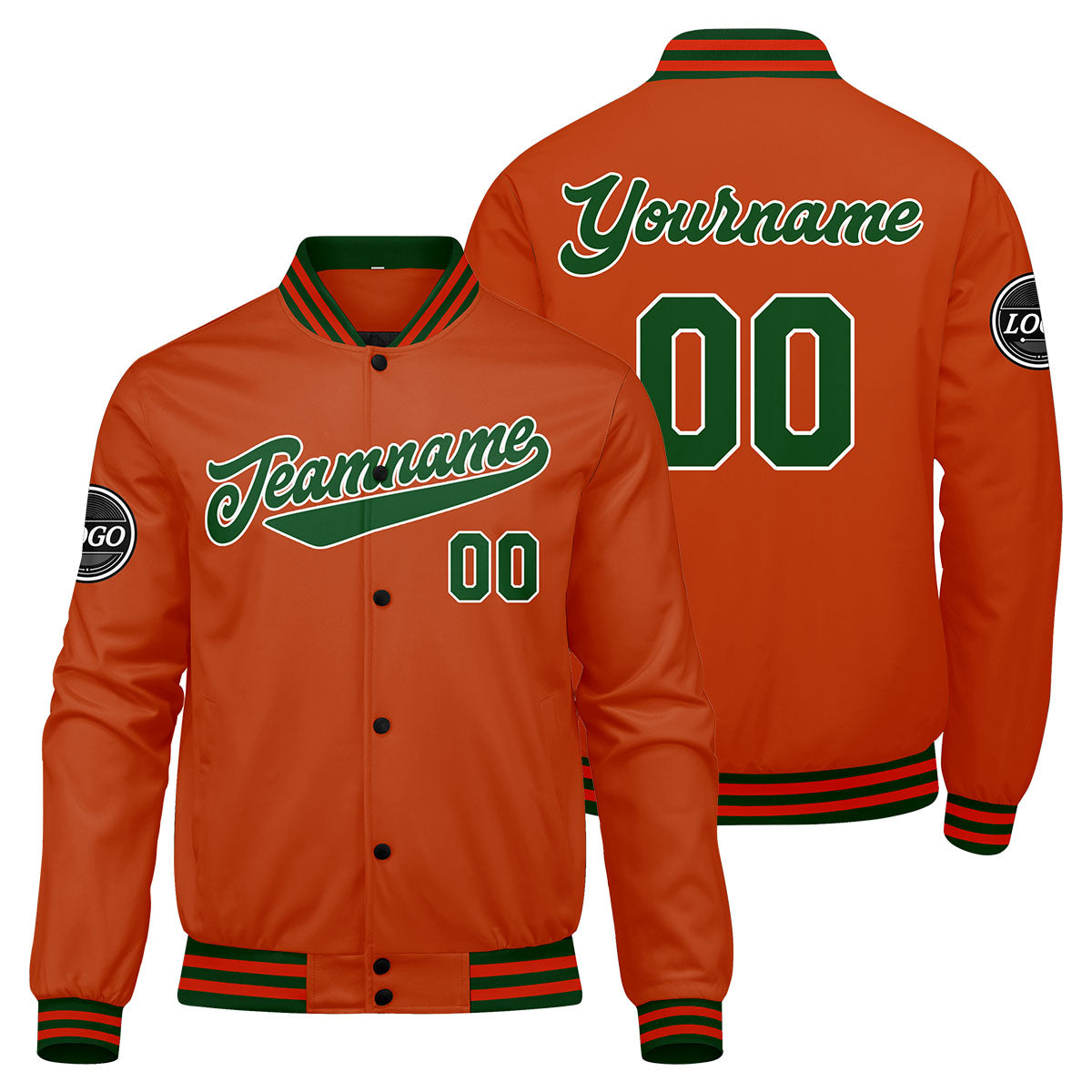 Chaqueta universitaria personalizada estilo Letterman para hombres-mujeres y jóvenes-color verde oscuro y naranja