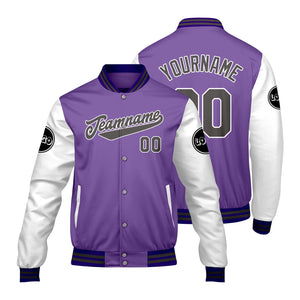 Chaquetas universitarias personalizadas en color morado y blanco para hombres & mujeres y jóvenes & Chaquetas tipo Letterman personalizadas