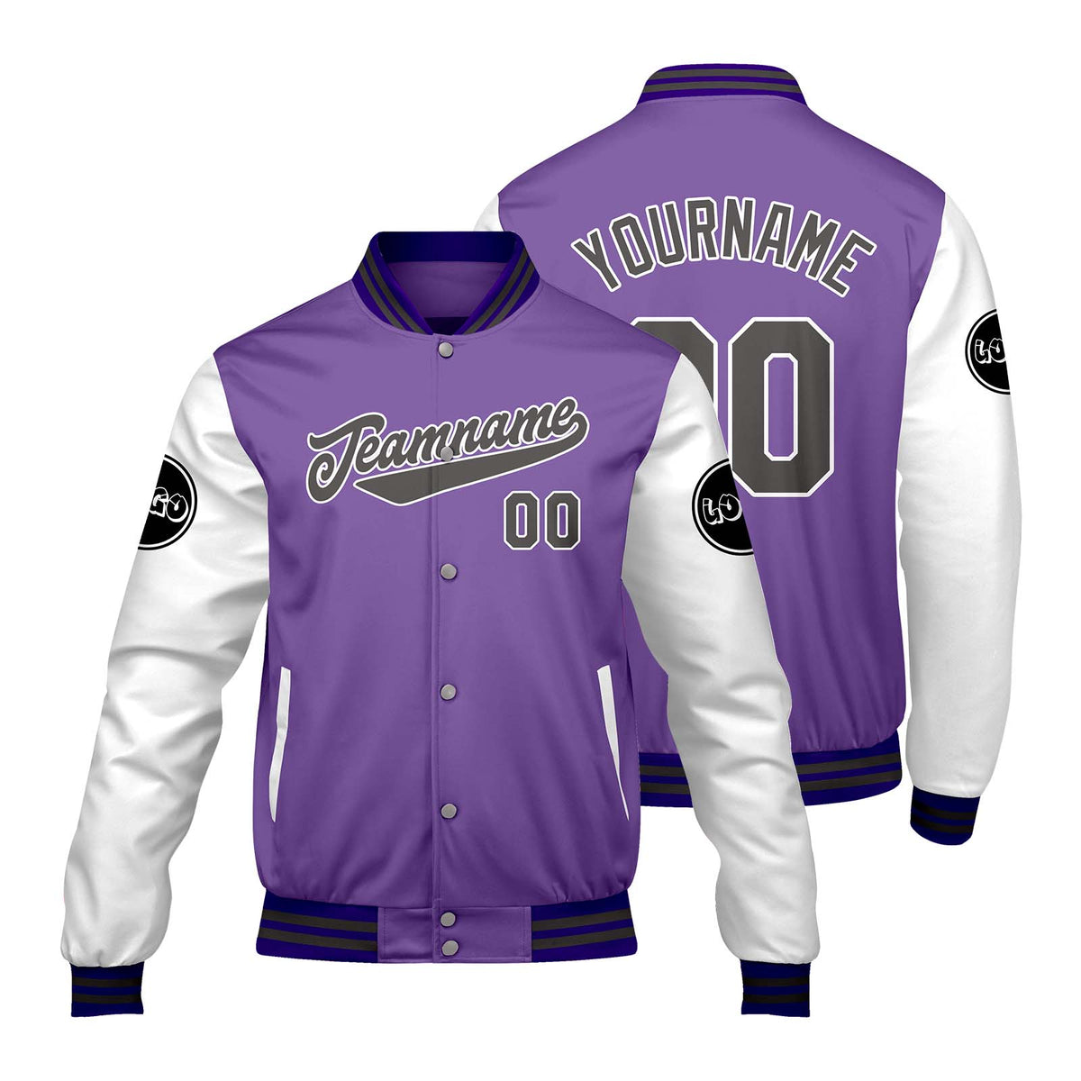 Chaquetas universitarias personalizadas en color morado y blanco para hombres & mujeres y jóvenes & Chaquetas tipo Letterman personalizadas