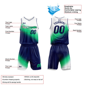 Uniforme de baloncesto personalizado blanco-verde y azul marino con su logotipo-nombre y número impresos