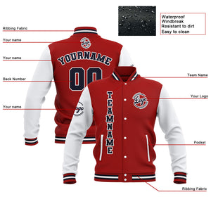 Chaquetas universitarias impermeables personalizadas en rojo-blanco y azul marino con nombre-número y logotipo bordados a medida